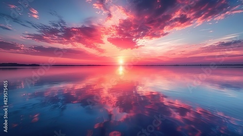 A tranquil lake reflecting a glowing sky. © Sang