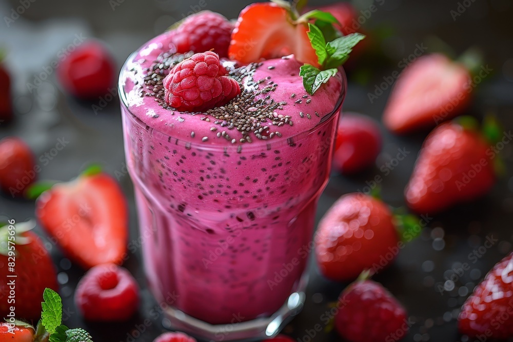 Chia Seed Smoothie - Any color base with visible chia seeds and fruit garnish Chia Seed Smoothie - Any color base with visible chia seeds and fruit garnish