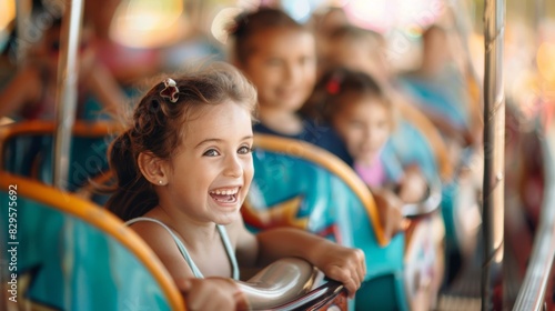 Thrilling family fun at an amusement park, joyful expressions. Excitement and laughter at an amusement park with kids.