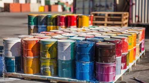 An array of colorful paint cans stacked on a palette ready to be transported and used for final touches on a building. © Justlight