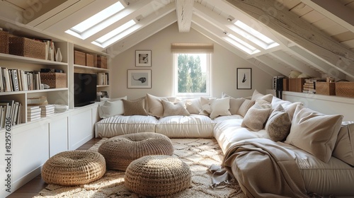 Blank style attic conversion with cozy seating minimalist decor and ample storage