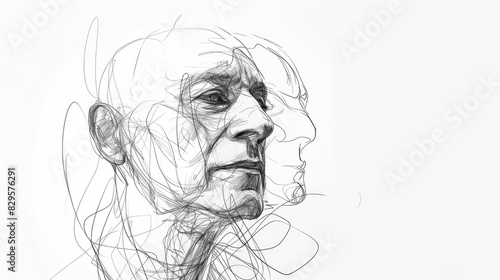 Portrait of older middle age people with wrinkles staring with stress or tension. Unhappy old man painting or drawing with abstract black line art. Focus on face. Minimalist art concept. AIG42.