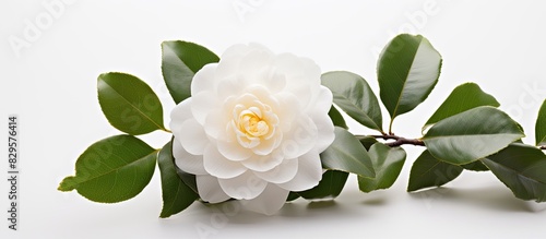Camellia flower in full bloom against a white backdrop with ample copy space image