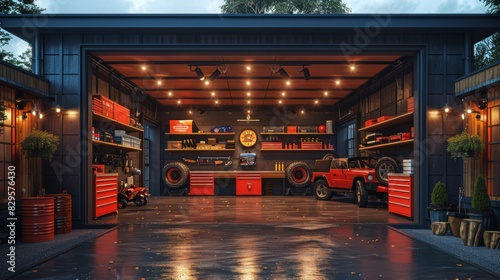 Blank style garage with organized storage clean floors and a functional workspace