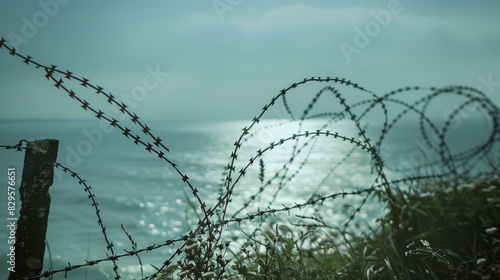 World War II barbed wire relic on the English Channel coast. Glistening metal barbed wire bathed in sunlight.