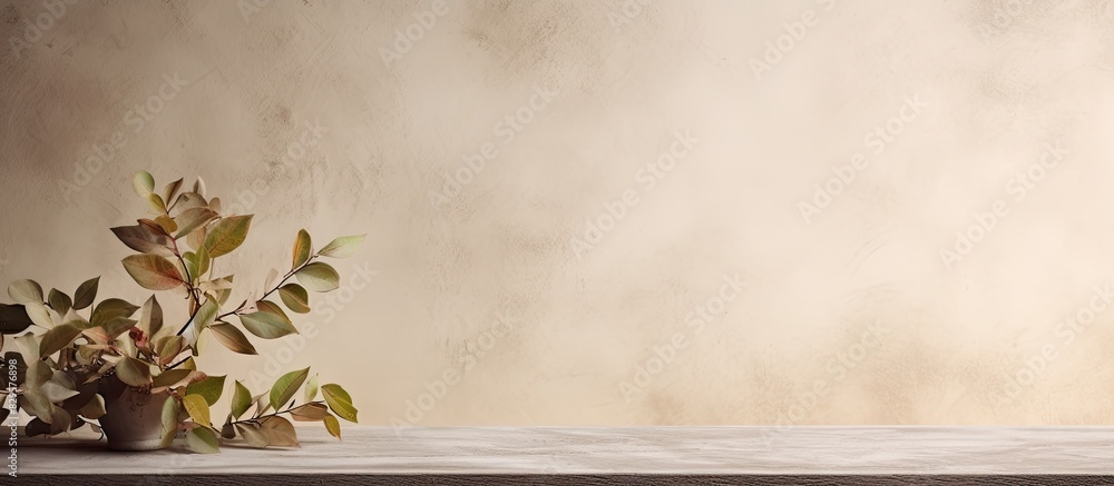 Beige textured wall behind an empty table with glossy leaves on the wall creating a composition with copy space image