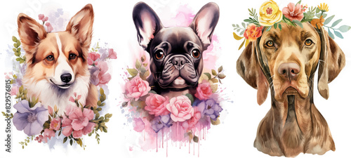 Watercolor dog cliparts with flowers print
