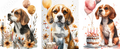 Watercolor beagle dog cliparts with flowers print
