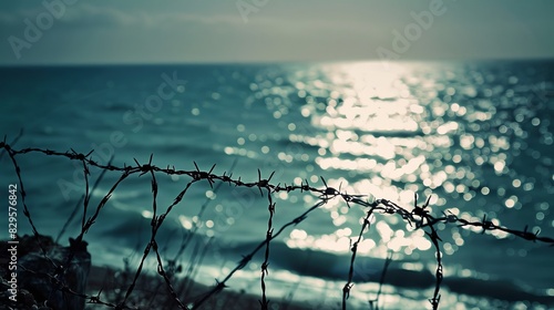 World War II barbed wire relic on the English Channel coast. Glistening metal barbed wire bathed in sunlight. photo