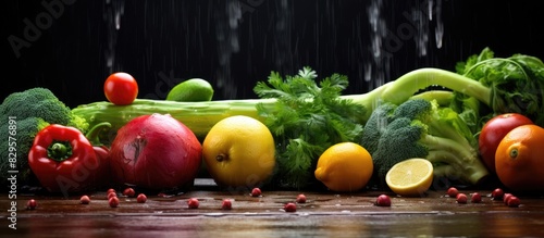 Fototapeta Naklejka Na Ścianę i Meble -  Healthy raw fruits and vegetables with water on wooden table. Copy space image. Place for adding text and design
