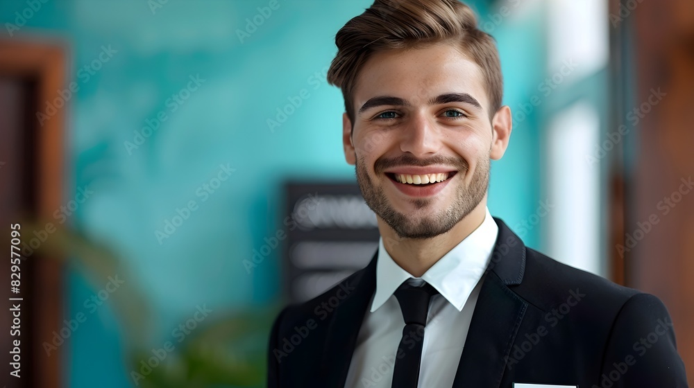 Happy Young Lodging Manager Exuding Professionalism and Success in a Colorful Workspace Happy Young Lodging Manager Exuding Professionalism and Success in a Colorful Workspace