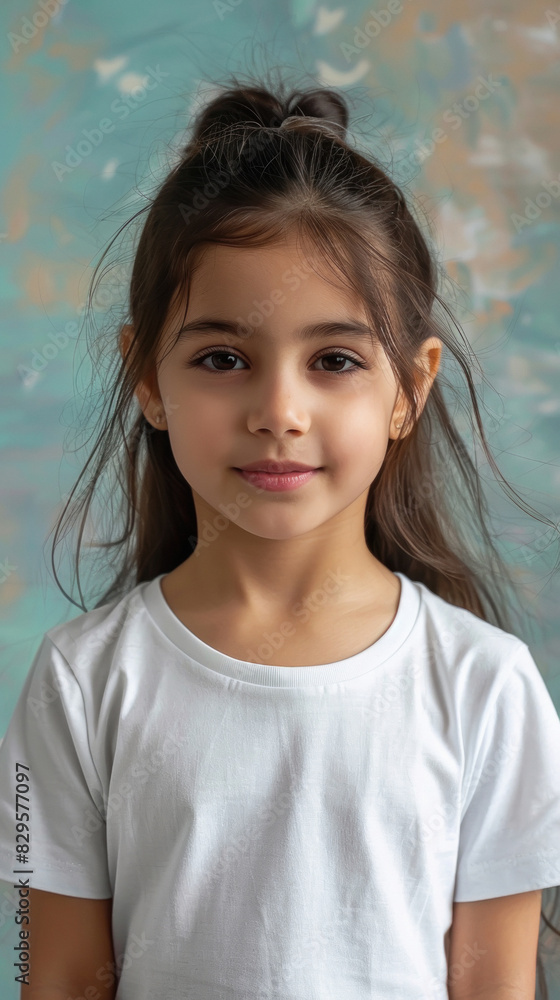 Cute Indian little girl standing on blue background Cute Indian little girl standing on blue background