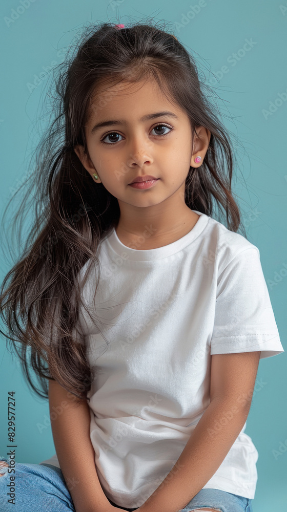 Cute Indian little girl standing on blue background Cute Indian little girl standing on blue background