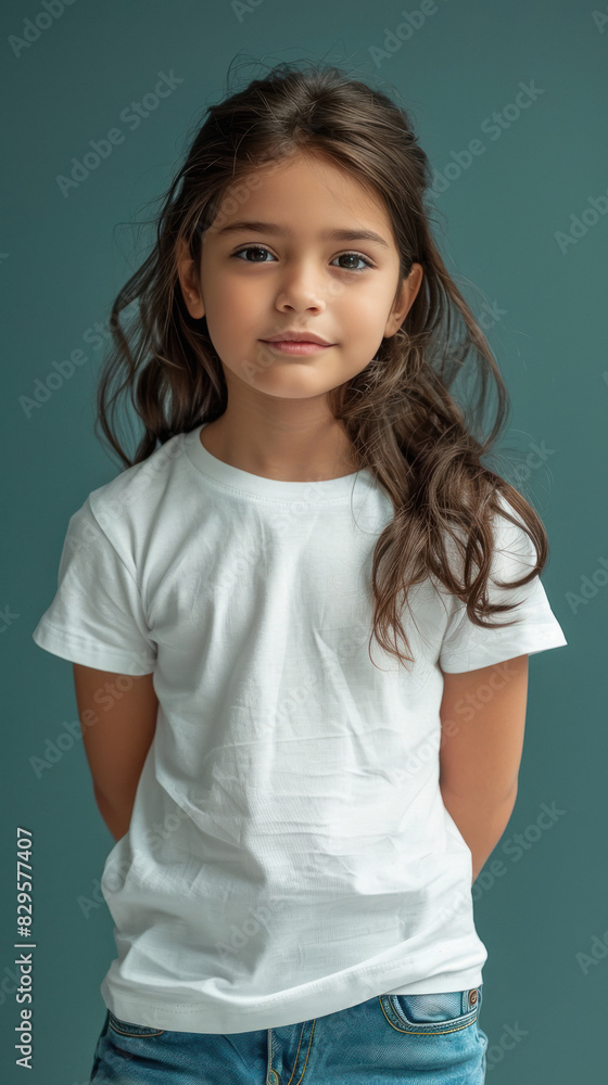 Cute Indian little girl standing on blue background Cute Indian little girl standing on blue background