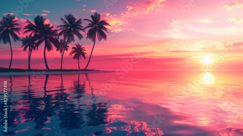 Tropical beach sunset, palm trees silhouette, colorful sky reflection. Paradise beach scene with vibrant sunset hues and calm ocean.