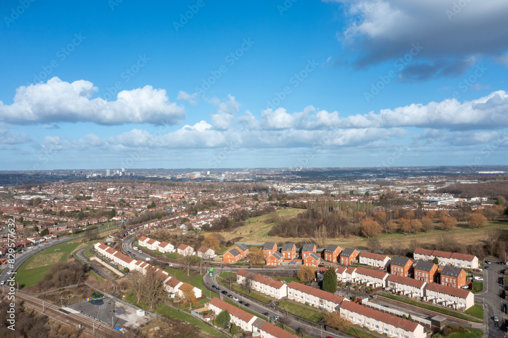 Aerial photo of the British town of Leeds in West Yorkshire UK, showing the Leeds City Centre taken with with a drone on a bright sunny day in the town of Holbeck near to the centre.