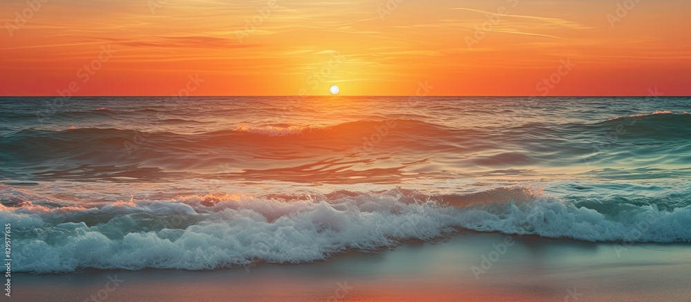 A stunning sunset scene over the Black Sea with orange skies a glowing sun reflecting on tranquil waves creating an incredible summer beach copy space image