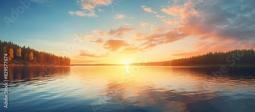 Sunset at the lake with a beautiful view of the sun setting on the horizon creating a picturesque scene with a copy space image available photo