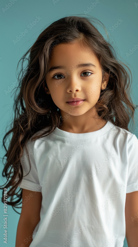 Cute Indian little girl standing on blue background Cute Indian little girl standing on blue background