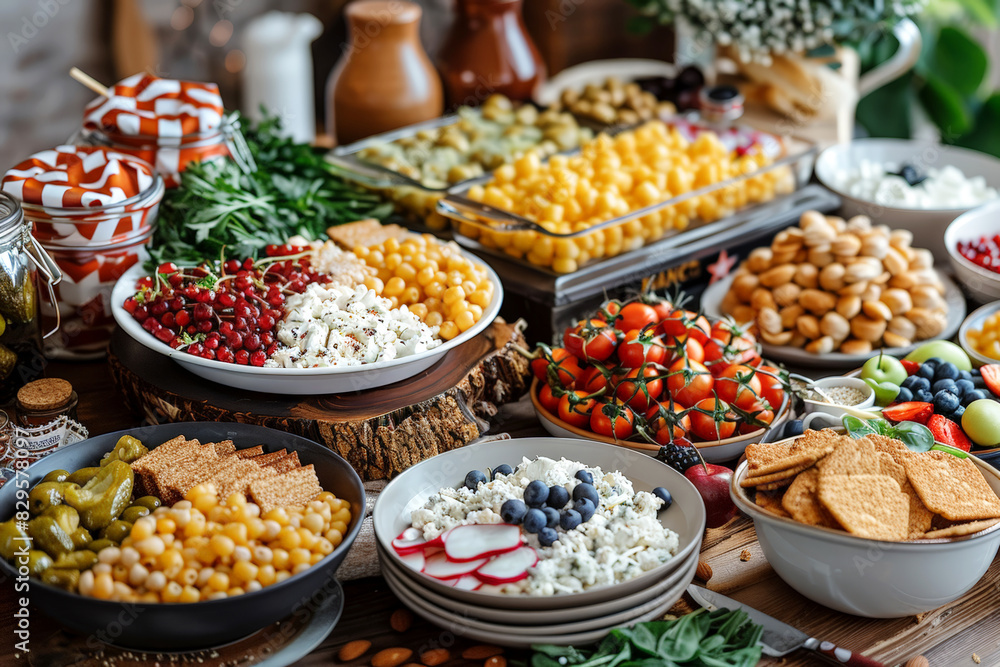 Buffet table spread with a variety of dishes, suitable for articles on catering and event planning. Buffet table spread with a variety of dishes, suitable for articles on catering and event planning.