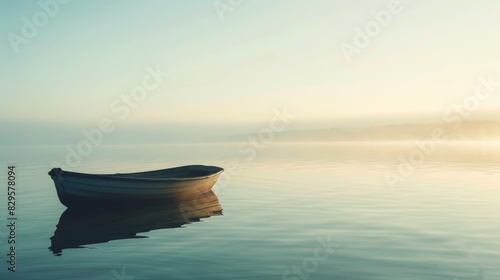 Breathtaking lake view with a drifting boat, misty morning atmosphere. © UMPH.CREATIVE