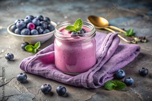 A healthy  healthy breakfast. Homemade blueberry yogurt with fresh blueberries  vintage spoon and towel on a stylish gray background.
