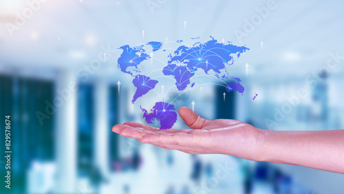Hand holding Global network connection digital business virtual screen, Big data analytics and business intelligence concept, Ecommerce, online marketing technology concept.