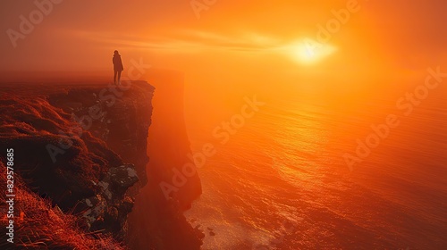 A lone figure standing on a cliff edge  their silhouette outlined by the glow of the setting sun.