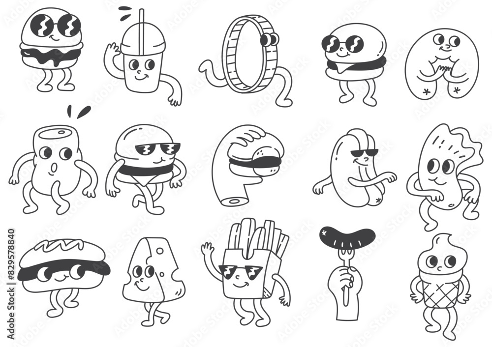 Fototapeta premium Cartoon Fast Food Characters Collection Doodle Line Art