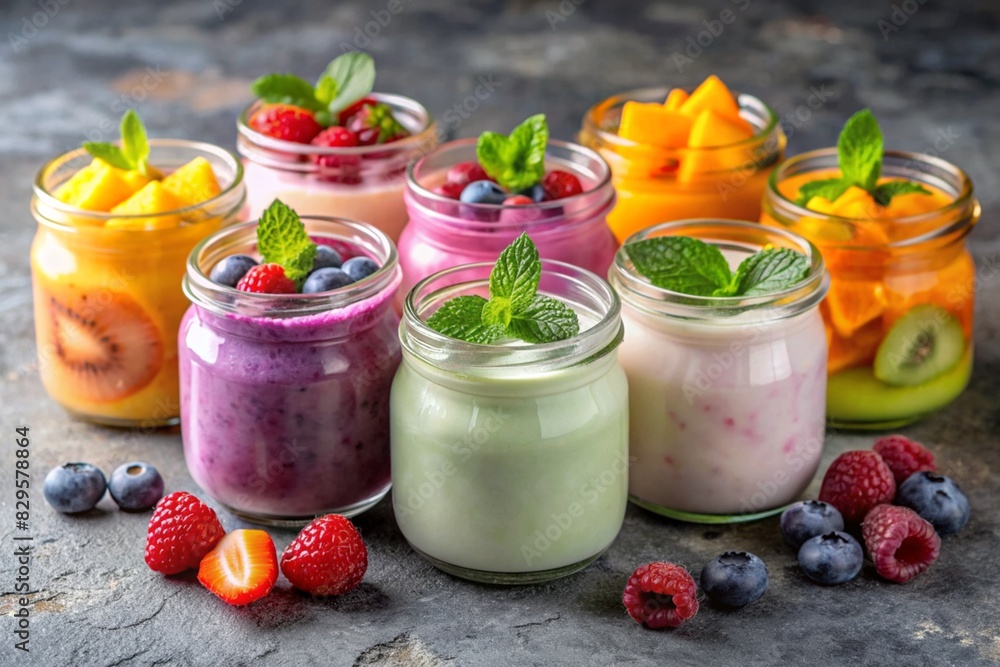 A healthy, healthy breakfast. A variety of homemade yogurt with various fresh berries and fruits in glass jars on a stylish gray background.