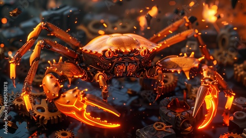 A vibrant crab perched on a set of rusty gears, symbolizing the Rust programming language concept, blending nature with industrial elements to represent efficiency and resilience.