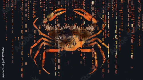 Rust programming language concept, featuring a crab silhouette composed of intricate binary code, symbolizing the blend of nature and technology in modern programming. photo