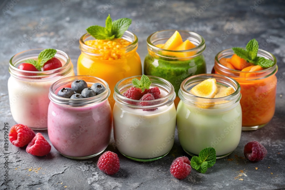 A healthy, healthy breakfast. A variety of homemade yogurt with various fresh berries and fruits in glass jars on a stylish gray background.