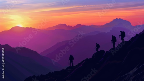 Breathtaking mountain sunrise panorama with silhouette hikers. Silhouettes of hikers reaching a mountain peak at sunrise.