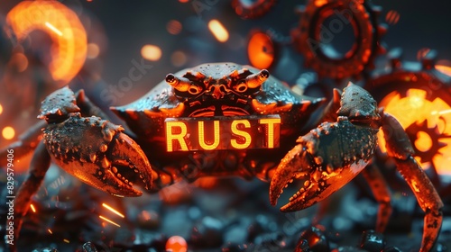 A vibrant crab perched on a background of gears, symbolizing the Rust programming language and its focus on safety, concurrency, and performance in systems programming. photo