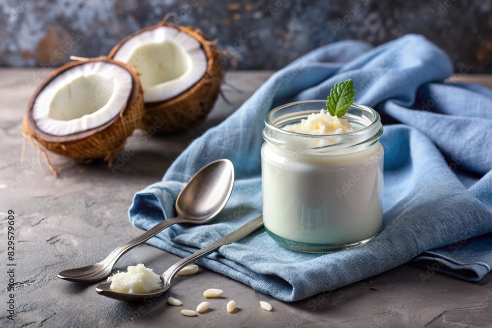 A healthy, healthy breakfast. Homemade vanilla, coconut yogurt with fresh coconut, vintage spoon and towel on a stylish gray background. A healthy, healthy breakfast. Homemade vanilla, coconut yogurt with fresh coconut, vintage spoon and towel on a stylish gray background.