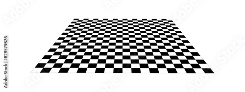 Empty checkerboard in perspective. Tiled mosaic floor. Sloped chessboard plane texture. Inclined board with black and white squares pattern isolated on white background. Vector graphic illustration