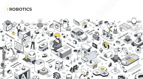 Modern society robotics isometric illustration that highlights different aspects of robotics: industrial, medical, service, agricultural, educational, machine learning, delivery, and wearable robotics