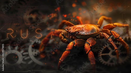 A vibrant crab perched on a background of gears, symbolizing the Rust programming language and its focus on safety, concurrency, and performance in systems programming. © TensorSpark