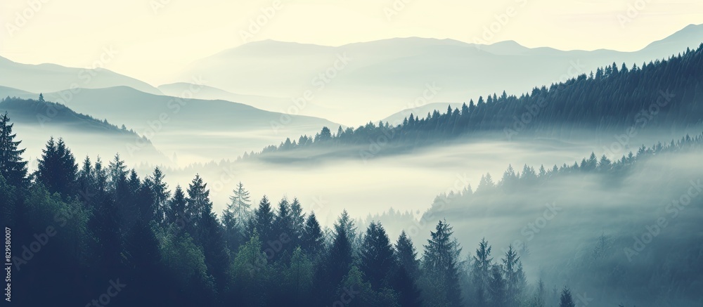 Fototapeta premium Vintage toned summer mountain landscape on a foggy morning creates an amazing hipster background with a frame of trees ideal for a copy space image