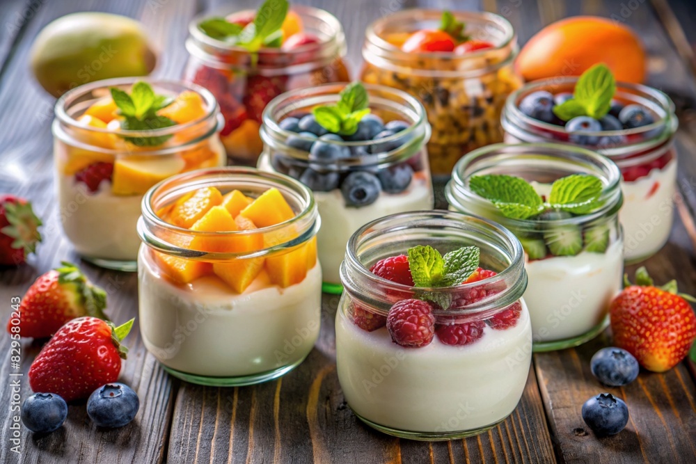 A healthy, healthy breakfast. A variety of homemade yogurt with various fresh berries and fruits in glass jars on a stylish gray background.