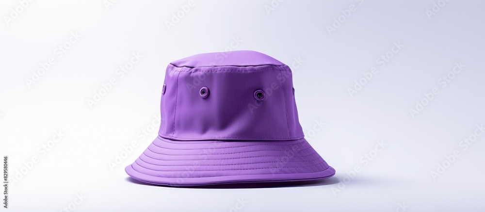 Fototapeta premium Purple bucket hat on a white backdrop with copy space image