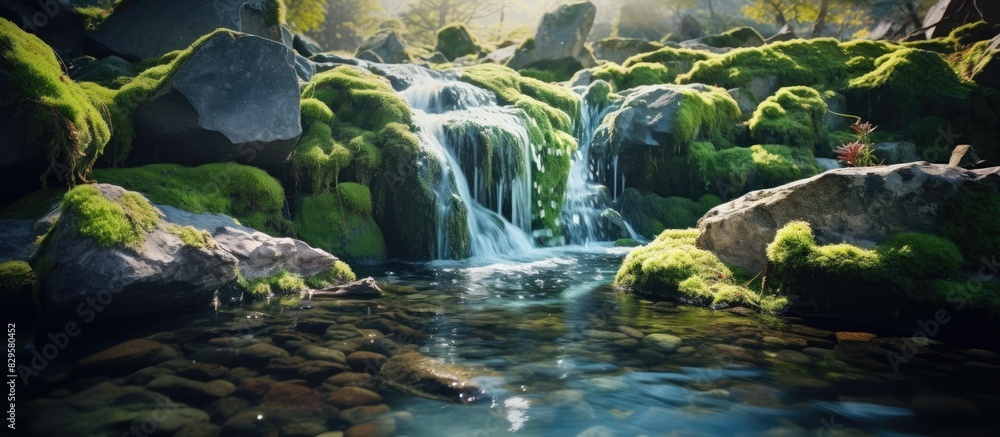 Scenic little waterfalls complemented by colorful rocks and mosses create a picturesque copy space image