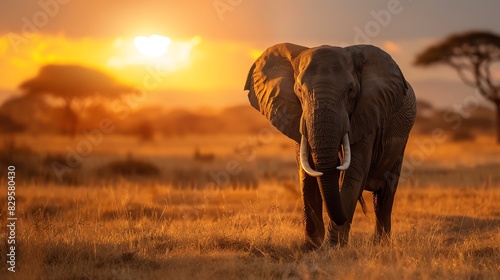 An elephant walks across the savanna at sunset. The warm colors of the sky and the long shadows create a beautiful and peaceful scene.