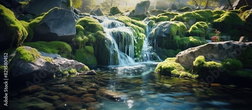 Scenic little waterfalls complemented by colorful rocks and mosses create a picturesque copy space image