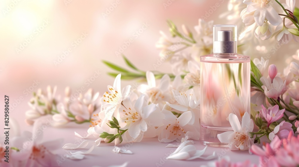 A bottle of perfume and a sprig of tuberose in the sun's rays on a pink background. A bottle of perfume and a sprig of tuberose in the sun's rays on a pink background.