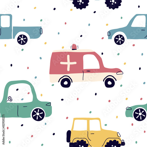 Seamless pattern with hand drawn cars, signs, dotss. Cartoon background for print, children, paper, print . trending art vector illustration photo