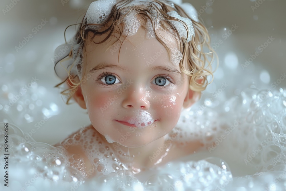 An adorable baby with blue eyes and curly hair enjoys a bubble bath, capturing a moment of innocent joy An adorable baby with blue eyes and curly hair enjoys a bubble bath, capturing a moment of innocent joy