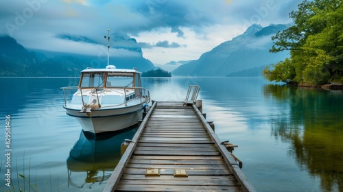 Idyllic cabin cruiser docked at a wooden pier  perfect for relaxation and fishing.