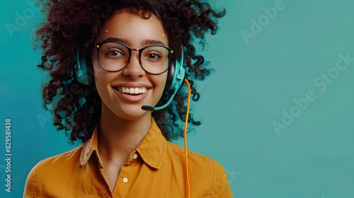 Happy Young Telemarketer Exuding Professional Success in a Colorful Workspace